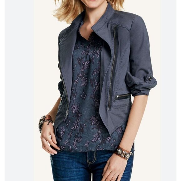 CAbi Women's Moto Jacket M Gray Asymmetrical Zip Cotton Blend Crop - Picture 1 of 6